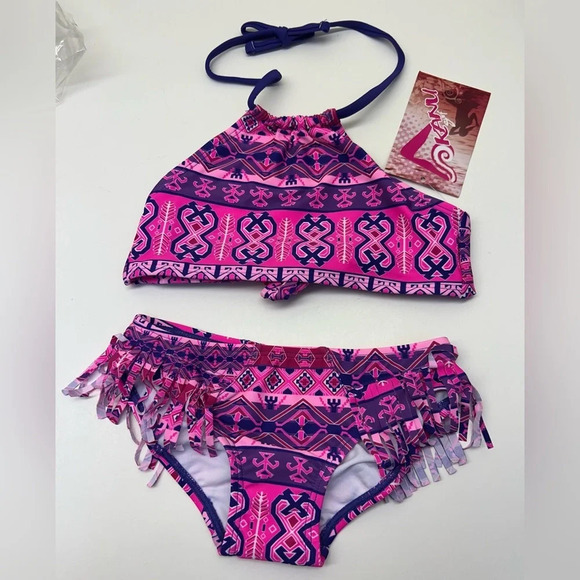 NWT Kanu Surf Girls Bikini/Bathing Suit. Pink Purple Fringe Size 4 - Picture 1 of 5